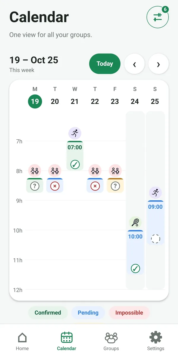 Weekly calendar: sessions from all groups, with their status and the answer given.