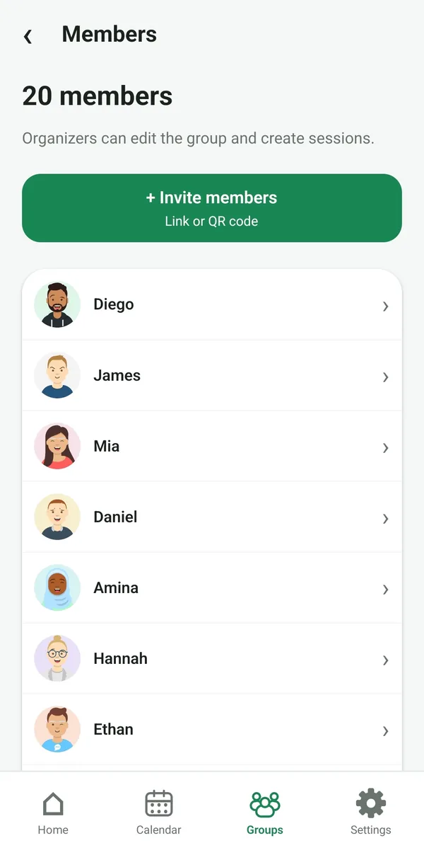 Members screen: Invite members by link or QR code, and the member list.