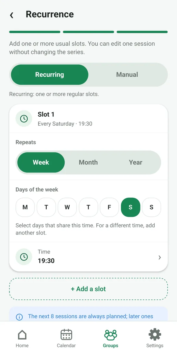 Recurrence screen: regular time slots every week, on a fixed date or on the Nth day of the month.