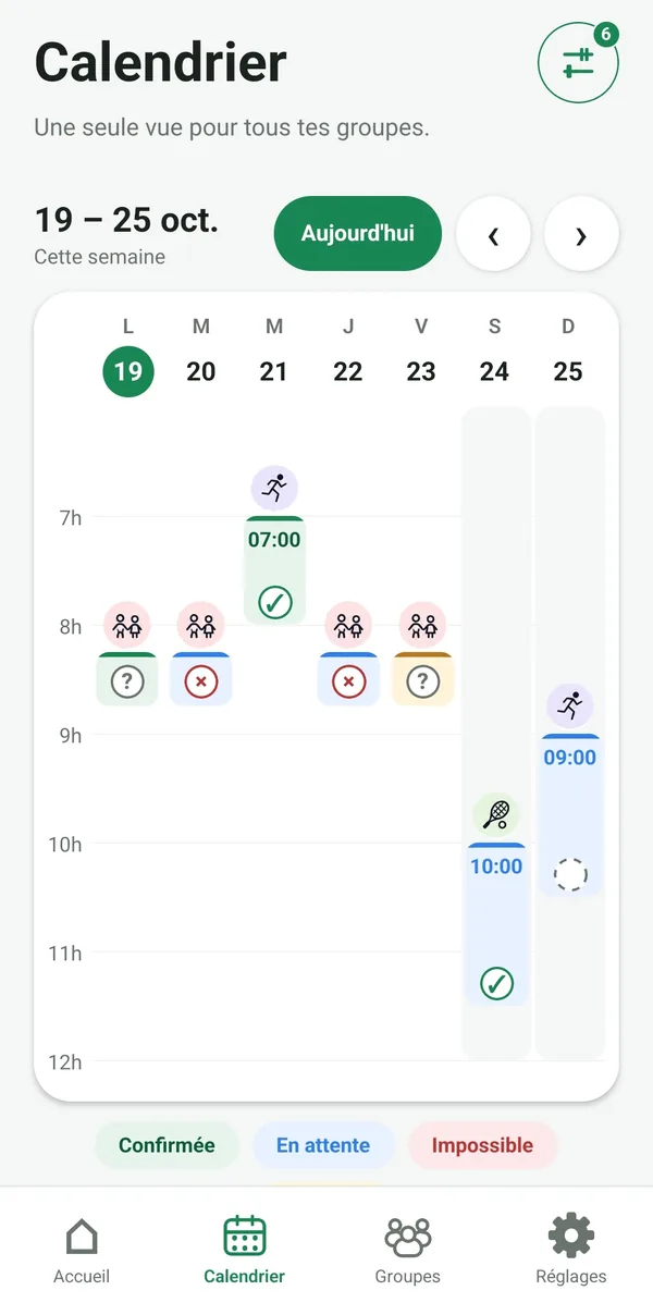 Calendrier en vue semaine : les sessions de tous les groupes, avec leur statut et la réponse donnée.
