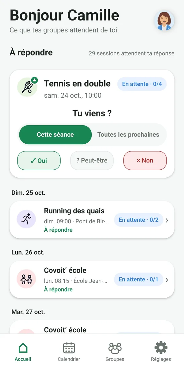 Accueil de Quorpi : les sessions qui attendent une réponse, avec les boutons Oui, Peut-être et Non.