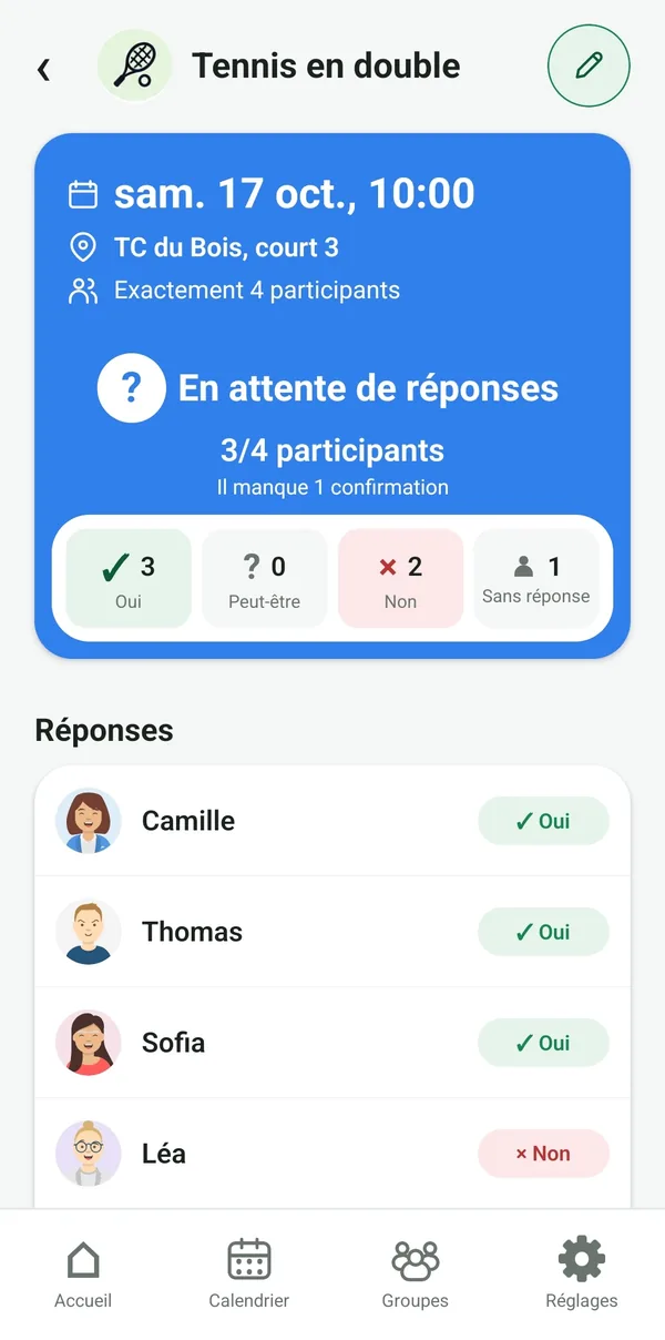 Session en attente de réponses : 3 participants sur 4, il manque 1 confirmation.